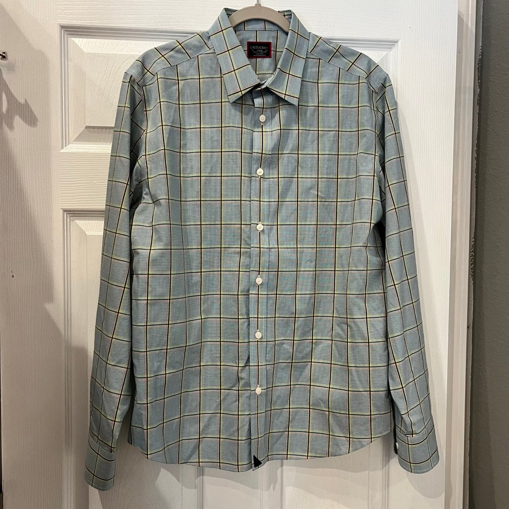 UNTUCKit Gibbons WF Shirt 100% Cotton Wrinkle Free Slim Fit Plaid Blue Large